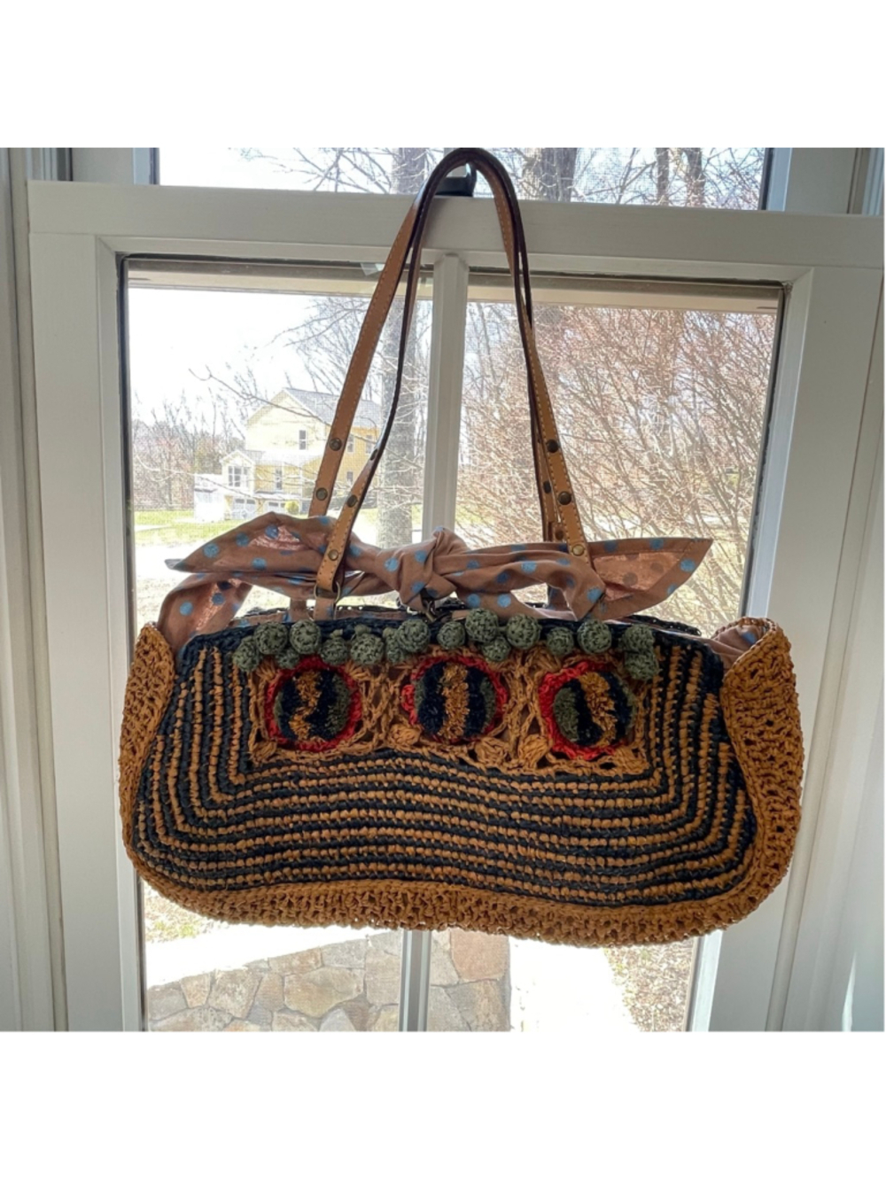 Sans-Arcidet Paris Raffia Straw Tote Bag Boho Crochet Pom Pom Beach